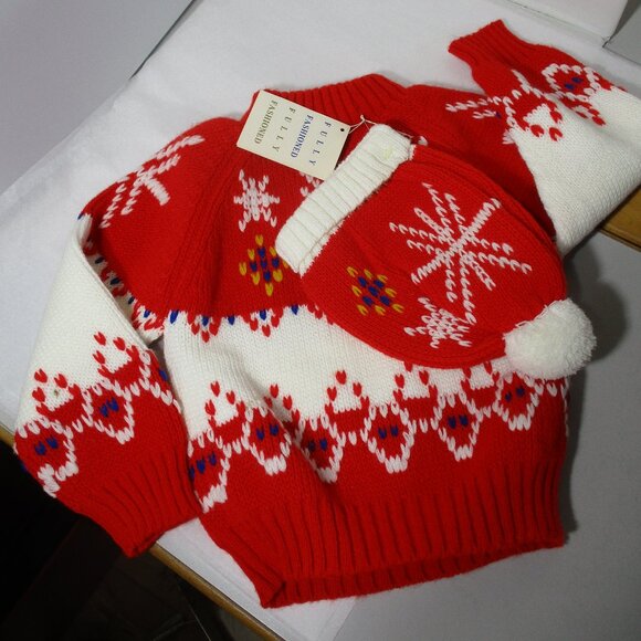 New Boys Toddler Winter Pullover  Knit Ski Sweater & Hat Unisex Snowflake Xmas - Picture 2 of 8